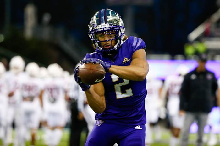 Nov 26, 2021; Seattle, Washington, USA; Washington Huskies defensive back Kyler Gordon (2) participates in pregame warmups against the Washington State Cougars at Alaska Airlines Field at Husky Stadium.